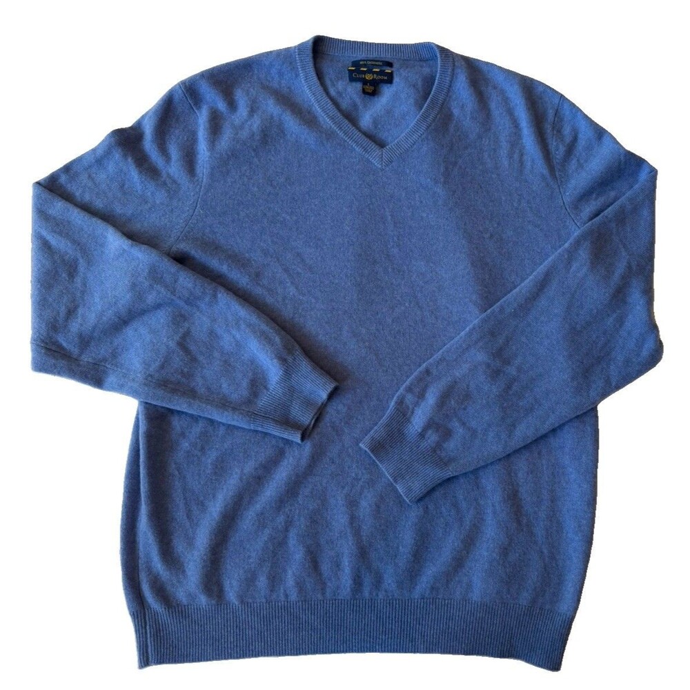 Mens Club Room V-Neck Blue 2 Ply  100% Cashmere Pullover Sweater L Cozy Luxury